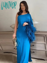 Lunivop Women Diagonal Shoulder Patchwork Feather Dress Sexy Solid Loose Split Maxi Vestido Elegant